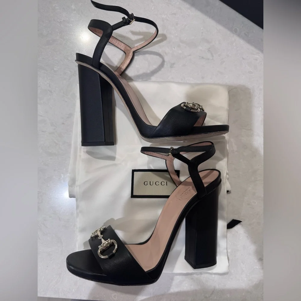 Gucci Horsebit Leather Block Heel Sandals 37.5 - Picture 3 of 10